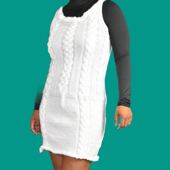 Sweater Knit Dress White Handmade Chunky Cable Sleeveless Mini Pencil Size Small - Picture 11 of 12